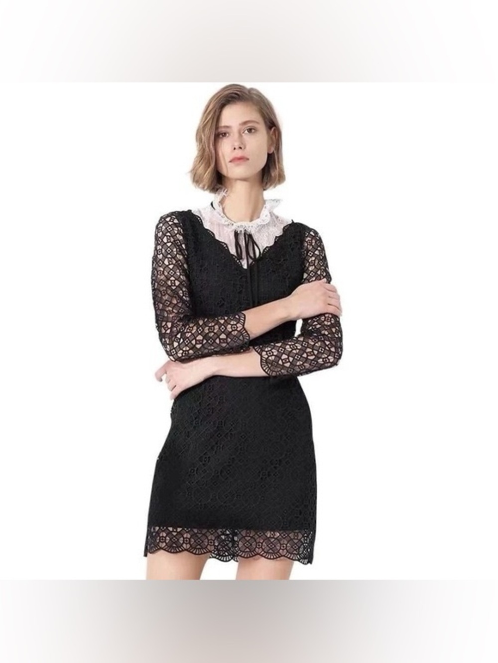 NWT Sandro Christina Black White Lace Long Sleeve Mini Dress 38
